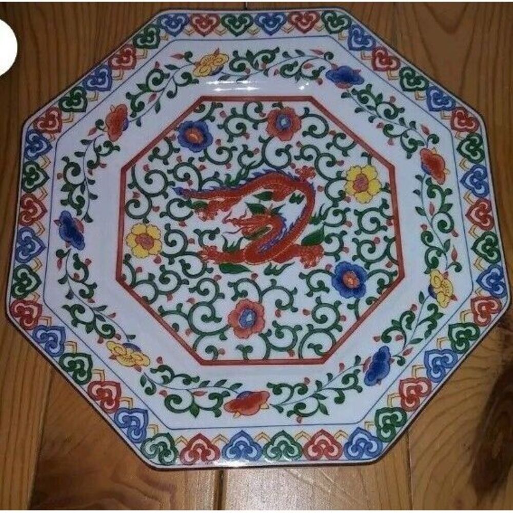 VINTAGE Kozangama (Mino) Otagiri OCTAGONAL‎ PLATE bowl Red Dragon 10" Mint Rare